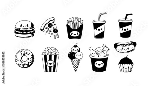 Cute cartoon junk food characters icon set with smiling burger pizza fries and snacks vector illustration