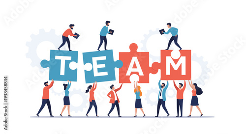 Diverse team of professionals working together to assemble the word team from large colorful puzzle pieces in a white space.