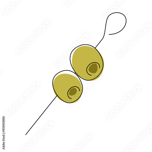 Minimalist one-line vector illustration of green olives on a cocktail pick. Hand-drawn aesthetic for organic food branding, Mediterranean cuisine, and bar menus.