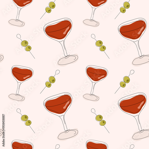 Minimalist one-line vector illustration of a red cocktail with an olive garnish. Contemporary aesthetic for mixology branding, aperitivo culture, and lounge menus.
