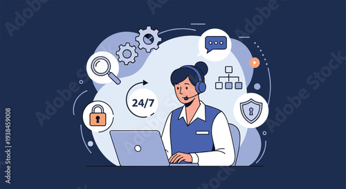 Professional female customer service representative wearing a headset and working at a laptop with various support service icons.