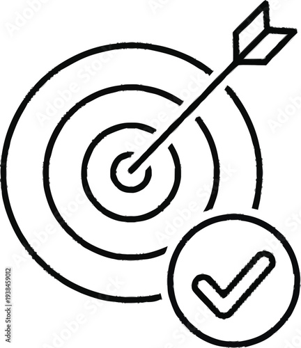 Target goal success icon showing arrow hitting bullseye with check mark for completed objective and accurate strategy