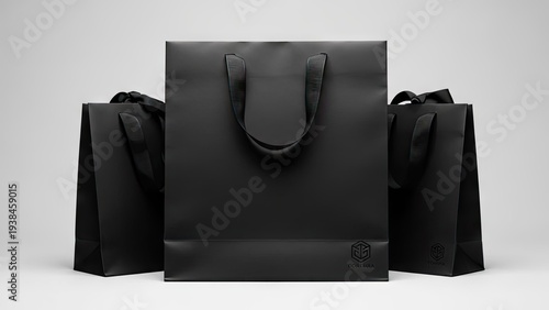 Three black shopping bags isolated on neutral background with handles
