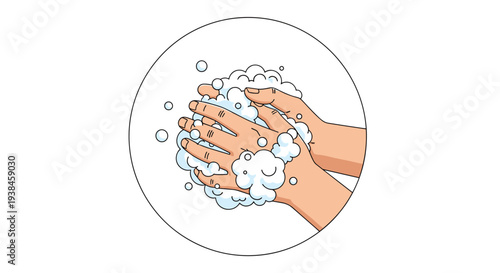 Close up illustration of two human hands being washed thoroughly with plenty of white soap bubbles for daily hygiene protection.