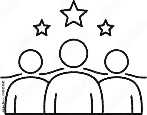 Team success and leadership concept showing three people with stars above for employee rating and high performance