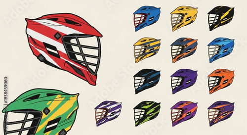 Collection of Lacrosse Helmets in Various Colors and Designs.