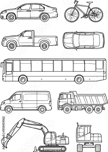 CAD Vehicle Drawings Set – Outline Vector Cars, Bikes, Trucks and Buses