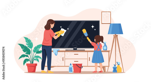 Young girl and her mother working together to clean their modern living room including the large television and wooden furniture.