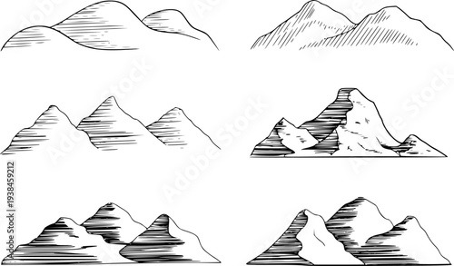 Hand Drawn Mountain Range With Hatching Detail White Background mountains landscape