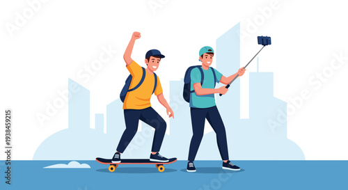 Two happy young men, one on a skateboard, taking a selfie with a modern smartphone and a stick in a sunny city environment.