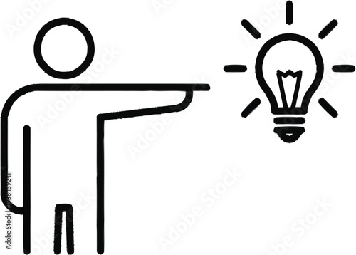 Person icon pointing to bright light bulb symbol graphic element representing idea inspiration innovation creativity solution