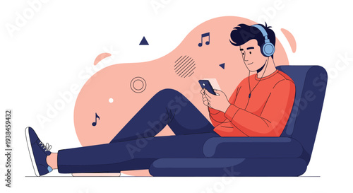 Young man relaxing in a blue bean bag chair listening to music with headphones and using his smartphone device.