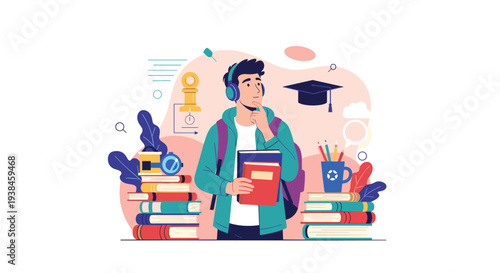 Male student wearing headphones standing among stacks of books thinking about his future education and graduation.
