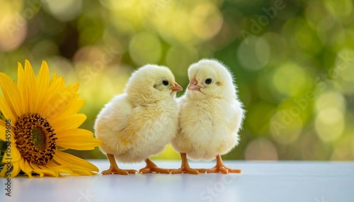 Two fluffy yellow chicks stand near a sunflower against a green, bokeh background on a bright surface