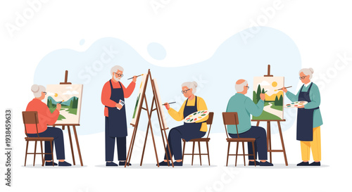 Group of elderly people enjoying an outdoor painting class with easels and canvases in a park setting for leisure.