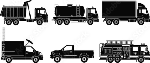 Heavy duty truck silhouette collection featuring dump truck, tanker truck, cargo box truck, delivery van, pickup truck and fire engine isolated vector transport set