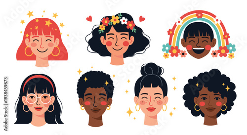 Collection of diverse female faces with various skin tones, hairstyles, and decorative elements like stars and flowers.