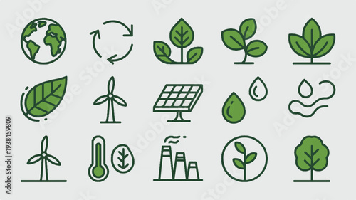Eco friendly vector icons collection including green leaves solar panel wind turbines and recycling symbol on gray background for sustainable energy and environmental conservation