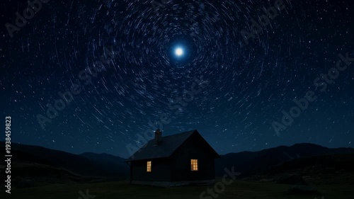 Star Trails Above a Lonely House Radiating Warmth Under the Night Sky