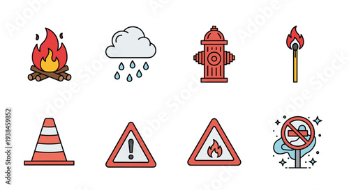 Collection of safety and weather icons including fire, rain, fire hydrant, warning signs, and a burning matchstick.