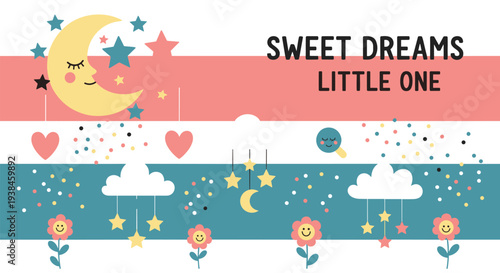 Cute nursery art for a baby room featuring a sleeping moon, stars, hearts, flowers, and a sweet dreams message.