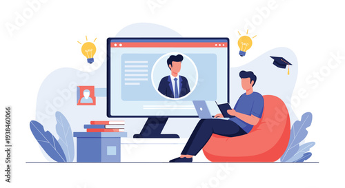 Professional online job interview concept with a man sitting in a bean bag using a laptop to talk to an employer.