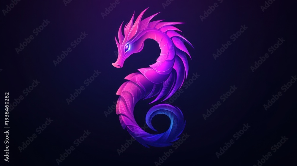 Fototapeta premium Abstract stylized seahorse silhouette, vibrant colors, dark background. Possible use Digital art, wallpaper, background image