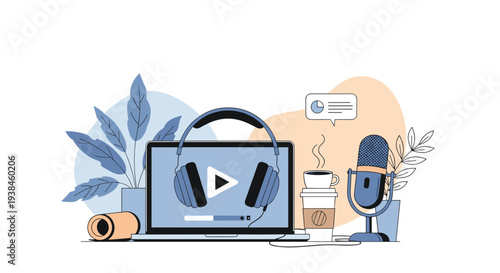 Professional digital audio setup for podcasting or webinars with a laptop, microphone, headphones, and hot coffee.