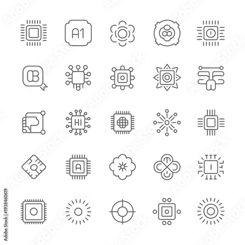 A collection of various technology and engineering icons on a white background