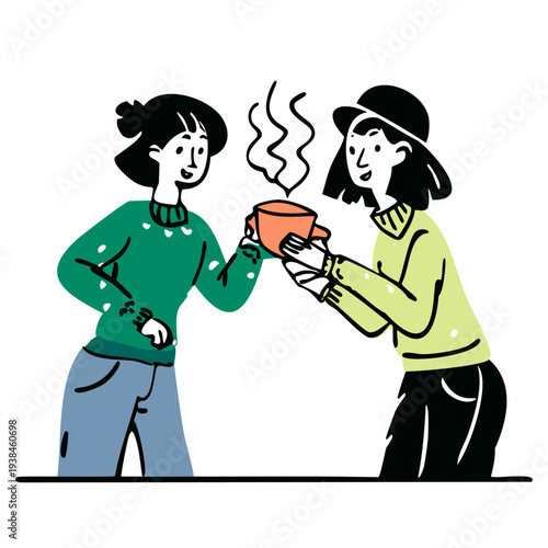 Girls Sharing Hot Tea, Hand drawn gen z slang idiom illustration, meme vector cute character gossip icon for social media, flat corporate style character pop culture reference, drama girl friends 