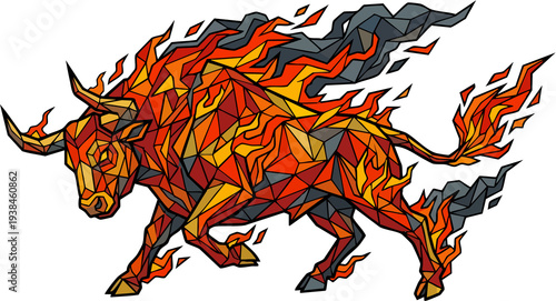 A stylized low poly illustration of a charging bull engulfed in flames. The geometric design features vibrant orange, red, and yellow polygons with dark smoke accents against a white background.