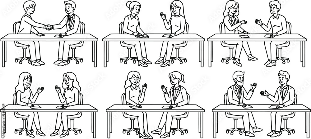 Obraz premium Sequence of people sitting and standing at desks