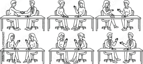 Sequence of people sitting and standing at desks