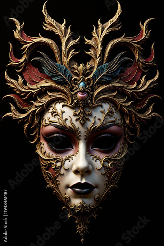 A stunning fantasy masquerade mask featuring intricate gold filigree and feather-like ornaments. The pale face has dark lips and eyes, accented with red and teal details against a black background.