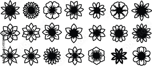 Collection of unique flower designs in black outline on white background