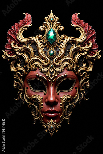 A deep red masquerade mask adorned with intricate gold filigree and large emerald gemstones. Red leaf-like shapes frame the top against a black background.