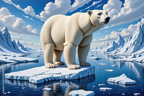 A large polar bear stands on a floating ice floe in the Arctic ocean. Snowy mountains are in the background under a blue cloudy sky.