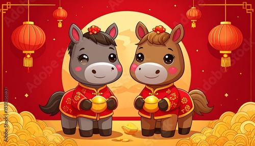 Two cartoon horses in traditional clothing, gold coins, red lanterns, and a golden cloud-like design are shown