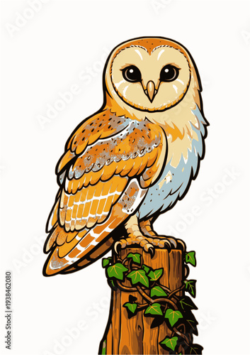 A cute brown cartoon owl with wise eyes and soft feathers sits on a wild tree branch in a fun nocturnal nature illustration vector design