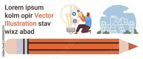 Creativity, innovation, education, design, engineering, architecture. Large pencil, a man working on gears inside a light bulb mall structure. Creativity and innovation concept