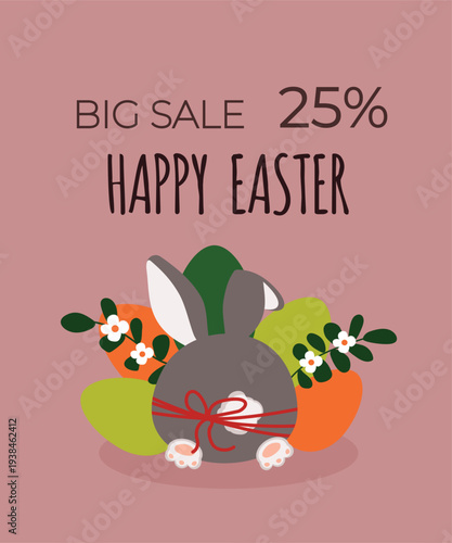 Big Sale 25% Happy Easter at Banner Rabbit and Egg, Flowers