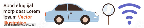 Automobile industry, online search, technology, wireless connectivity, smart systems, transportation. Blue car, magnifying glass and wireless symbol. Online search and technology concepts
