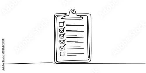 checklist on a clipboard continuous one line drawing, Clipboard one continuous line drawing. Simple hand drawn vector single icon isolated on white background, Continuous line art of checklist on clip