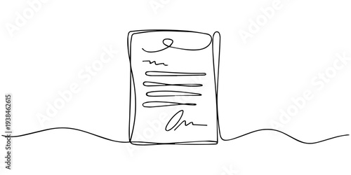 document continuous one line drawing, Clipboard with paper clip, one line art style. Minimalist symbol of office work, planning, and to-do list, Continuous line drawing of a document or paper