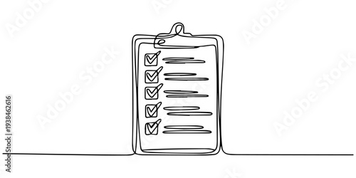 checklist on a clipboard continuous one line drawing, Clipboard one continuous line drawing. Simple hand drawn vector single icon isolated on white background, Continuous line art of checklist on clip