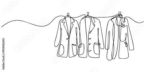 Lab Coat continuous one line drawing minimalism design, Medical lab coat drawn with one single continuous black line in a minimalist artistic style, featuring pockets and buttons for a clean