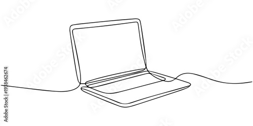 laptop continuous one line drawing, continuous one line drawing of a laptop computer electronic device vector sketch, Single line continuous drawing of laptop computer laptop isolated on white