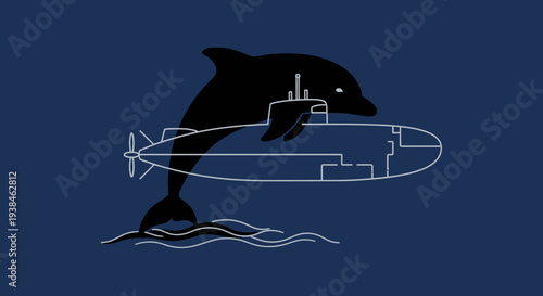 Black dolphin jumping out water with cityscape.