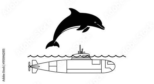 Black dolphin and submarine in water.