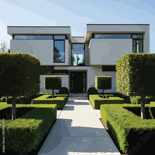 Modern White House with Topiary Garden